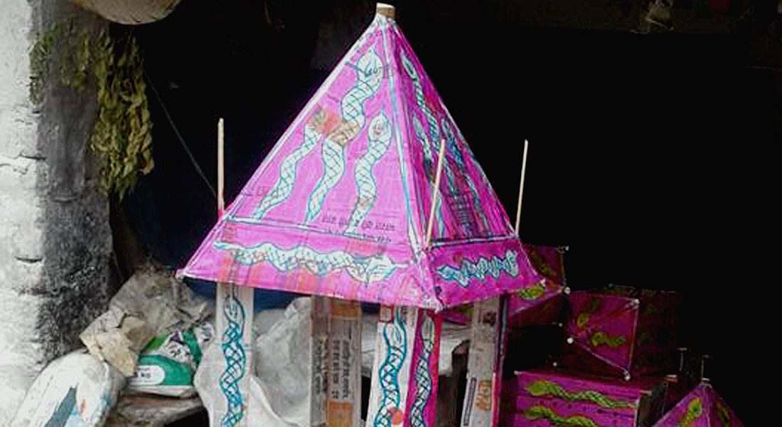 Maali art on a temple shaped box for the offering in Vishahari pooja, Bihar